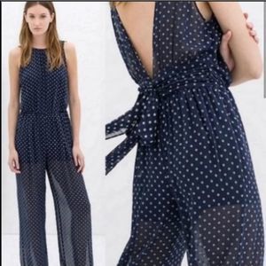 Zara Basic | Navy Blue Polka Dot Chiffon Jumpsuit Sz XS